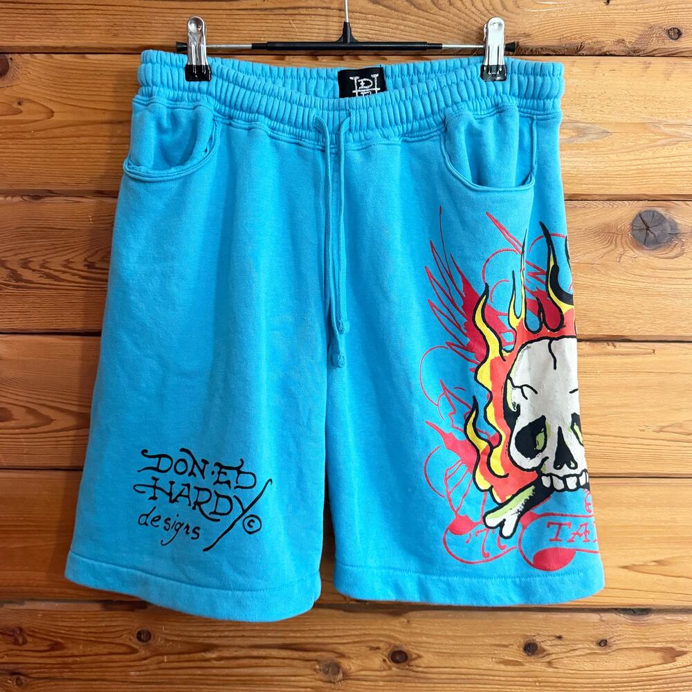 Ed Hardy Flame Skull Sweat Shorts Blue Small